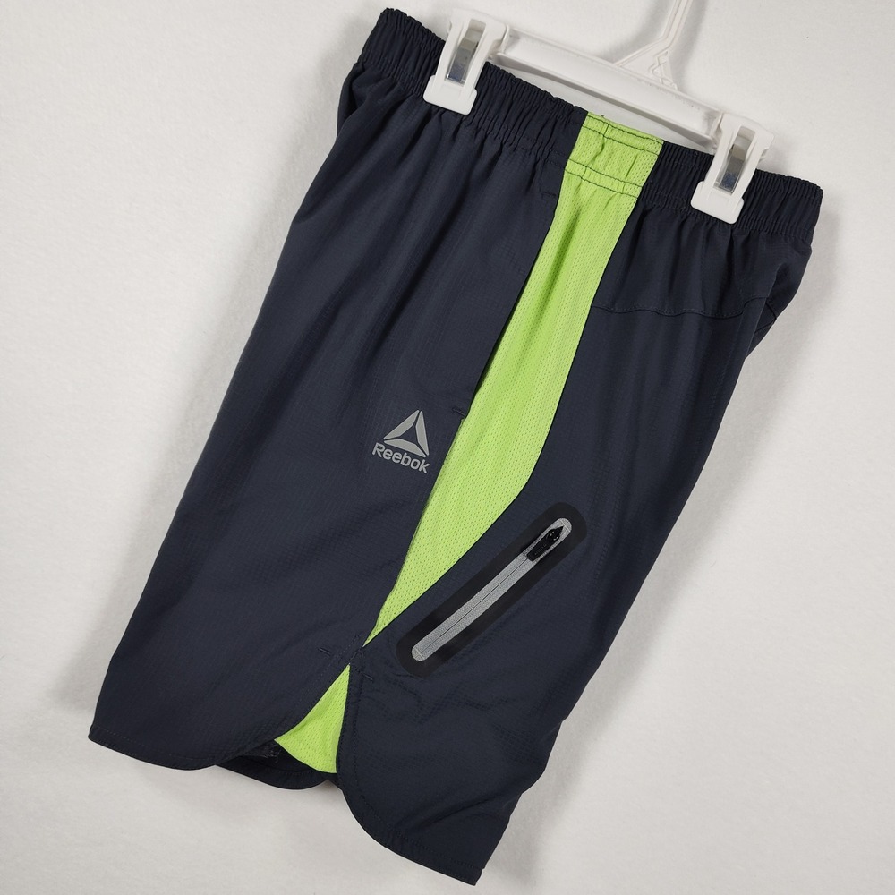 Reebok Boys Athletic Shorts Gray Lime Green Zipper Pocket Size L 10/12
